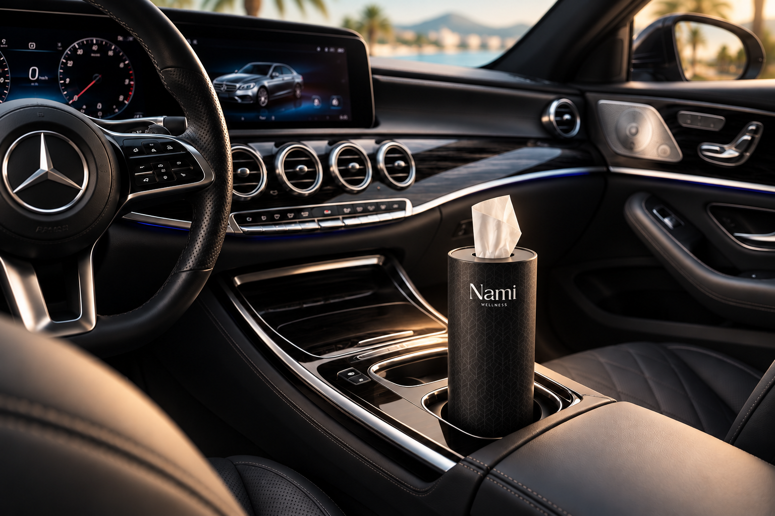 Boîte de mouchoirs Nami Wellness dans le porte-gobelet d'une Mercedes, lumière dorée